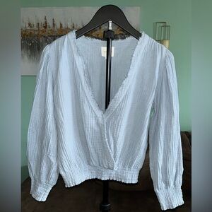 Sundays Double Cotton Gauze Dusty Blue Textured V-Neck Blouse Size Small